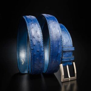 ceinture en autruche bleu royal, intérieur marine et boucle Square 1