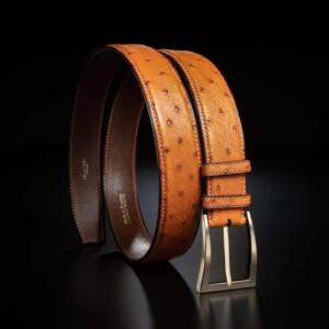 ceinture en autruche gold, intérieur chocolat et boucle Delta 1
