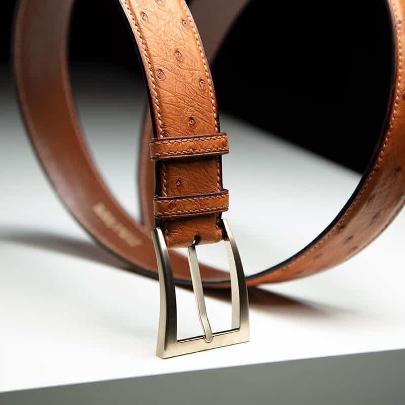 ceinture en autruche gold, intérieur chocolat et boucle Delta 4