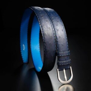ceinture en autruche marine, intérieur azur et boucle Omega 1