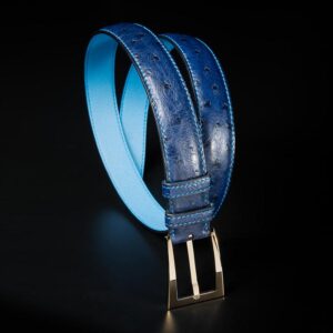 ceinture en autruche marine, intérieur bleu azur et boucle Delta 1