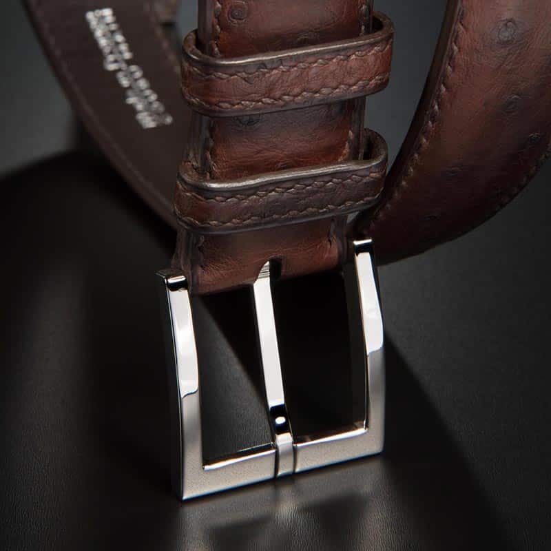 ceinture en autruche marron, intérieur chocolat et boucle Square 3