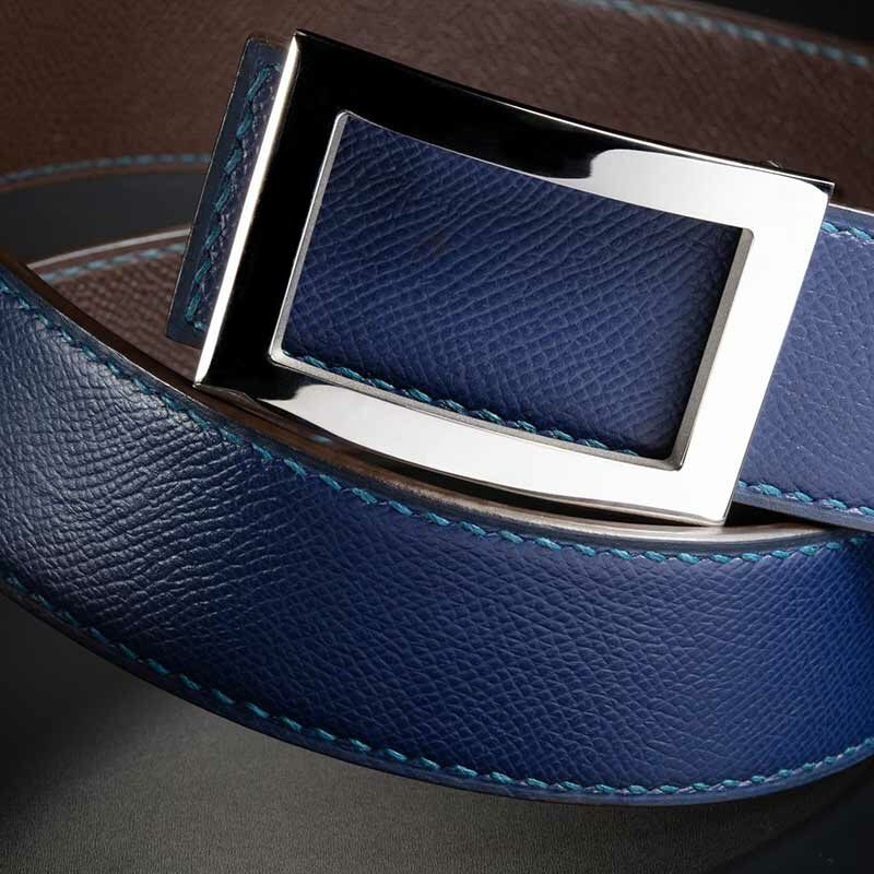 ceinture en calf grainé bleu nuit, intérieur chocolat et boucle Art-déco 3