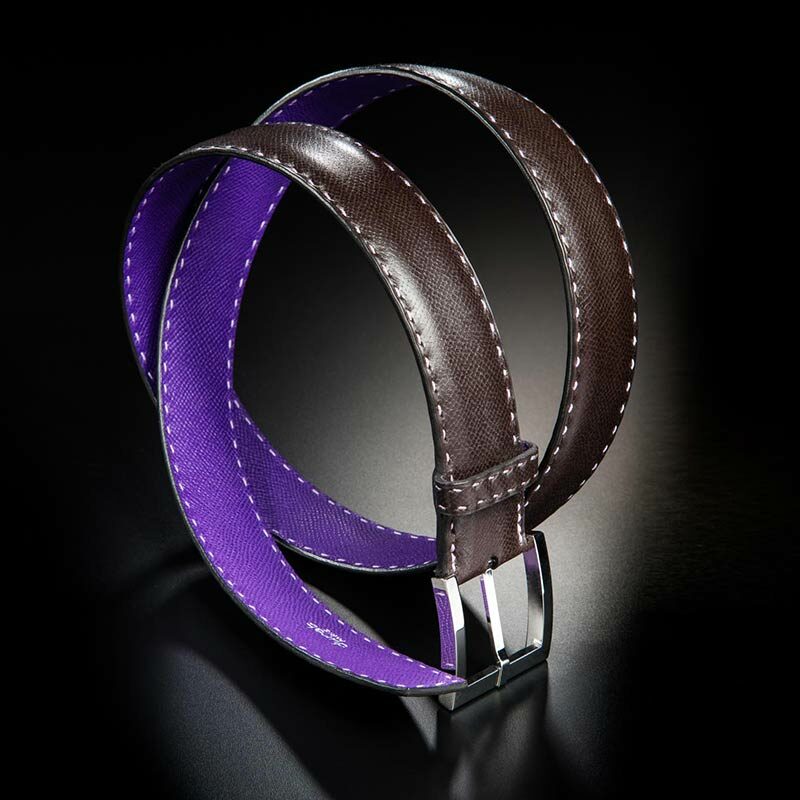 ceinture en calf grainé bordeaux, intérieur violet et boucle Square 1