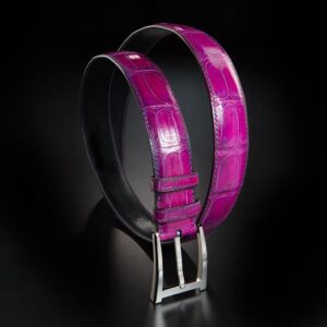 ceinture en crocodile brillant fuchsia, intérieur marine et boucle Alpha 1