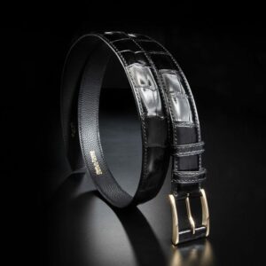 ceinture en crocodile brillant noir, intérieur noir et boucle Zed 1