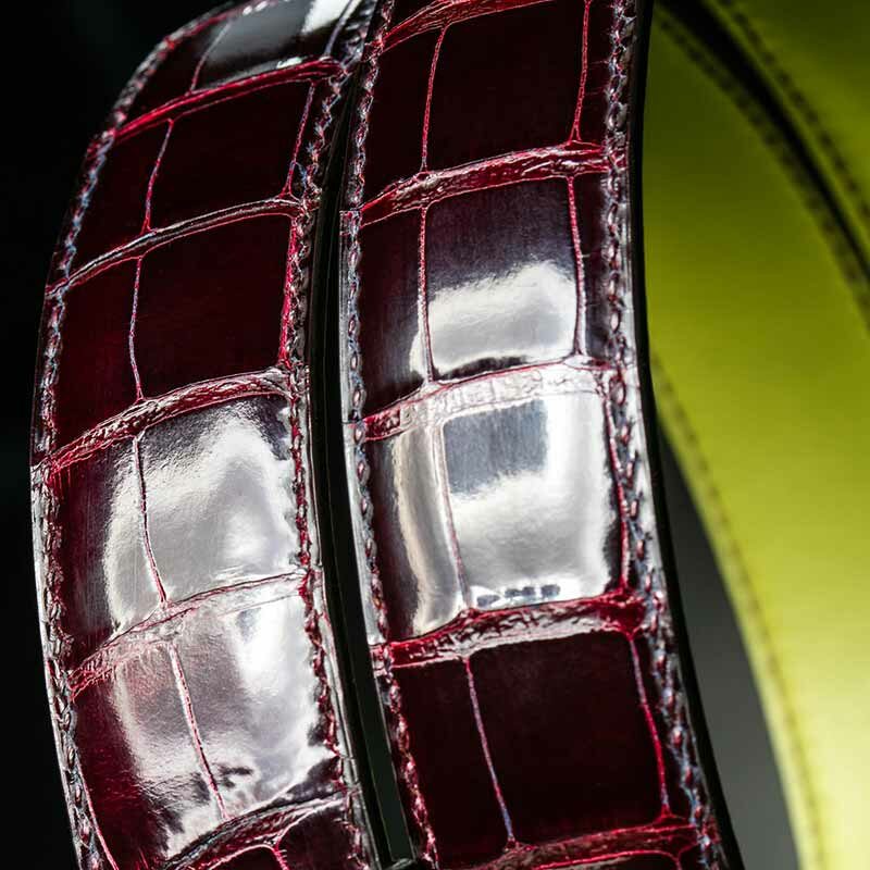 ceinture crocodile brillant prune, intérieur vert et boucle Square 4