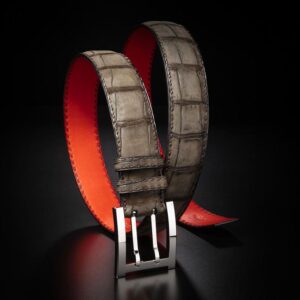 ceinture en crocodile chocolat nubuck corail et boucle militaire 1