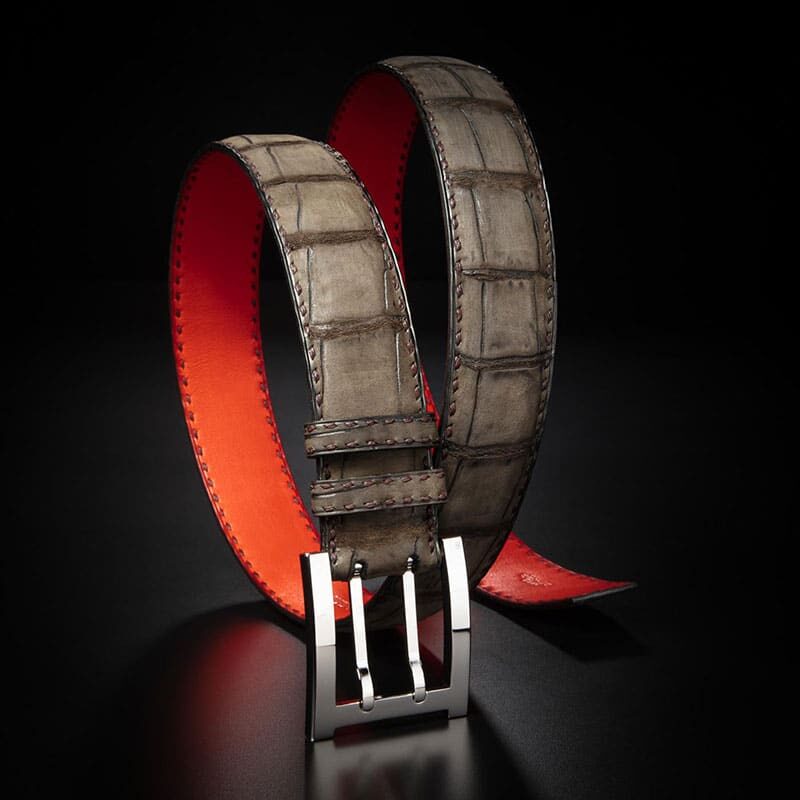ceinture en crocodile chocolat nubuck corail et boucle militaire 1