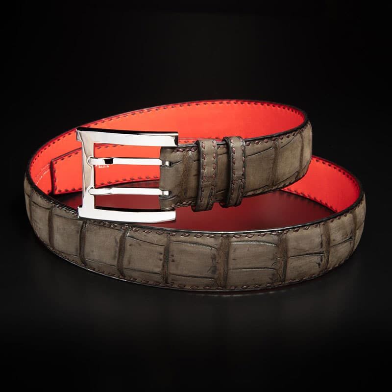 ceinture en crocodile chocolat nubuck corail et boucle militaire 2