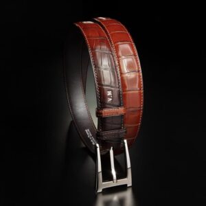 ceinture en crocodile gold patinée, intérieur chocolat et boucle Alpha 1