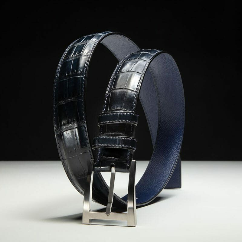 ceinture en crocodile marine mate, intérieur bleu et boucle Alpha 4