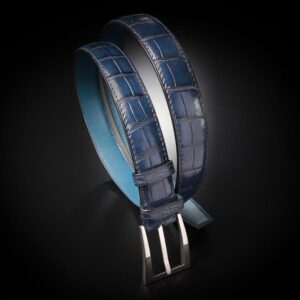 ceinture en crocodile marine patinée, intérieur pétrole et boucle Delta 1