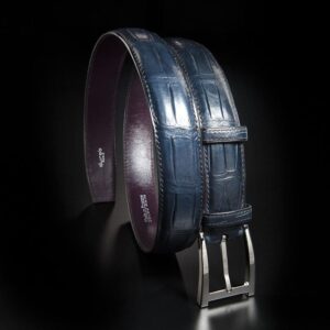 ceinture en crocodile marinesatinée, intérieur marine eyt boucle Alpha 1