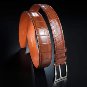 ceinture en crocodile miel Millenium, intérieur chamois et boucle Delta 1