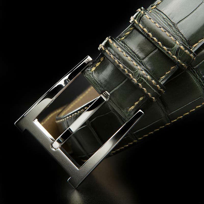 ceinture en crocodile Millenium vert foret, intérieur marron et boucle Alpha 2