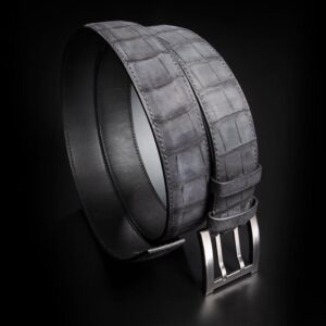 ceinture crocodile noir nubuck, intérieur noir et boucle militaire 1