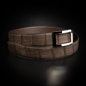 ceinture en crocodile nubuck chocolat, intérieur chocolat et boucle Art-déco 1