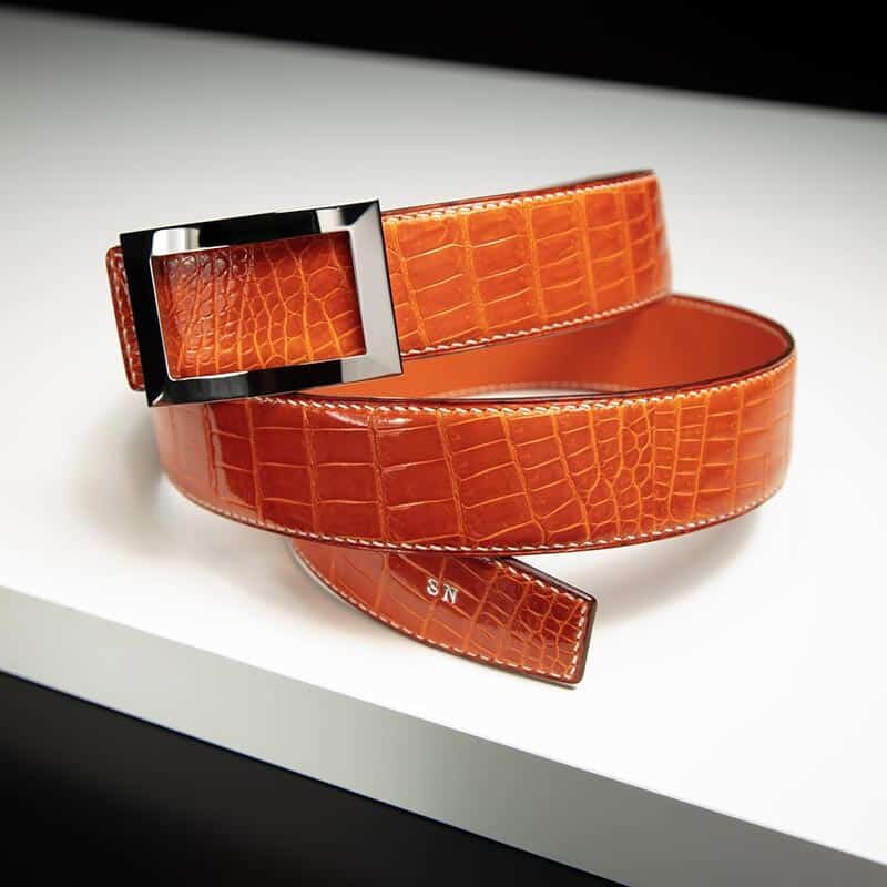 ceinture en crocodile orange brillant, intérieur orange et boucle Art-déco 4