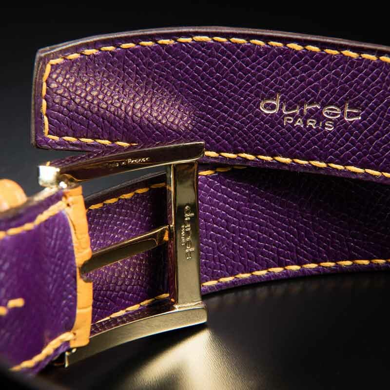 ceinture en crocodile patinée canari brillant, intérieur violet et boucle Square 3