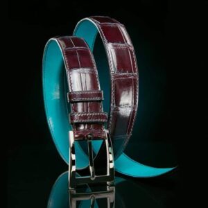 ceinture en crocodile prune Millenium, intérieur turquoise et boucle Alpha 1