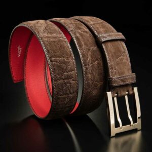 ceinture en éléphant marron moyen, intérieur rouge et boucle militaire 1