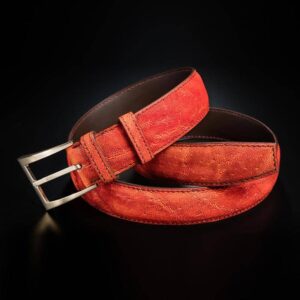 ceinture en éléphant oranger patinée, intérieur chocolat et boucle Delta 1