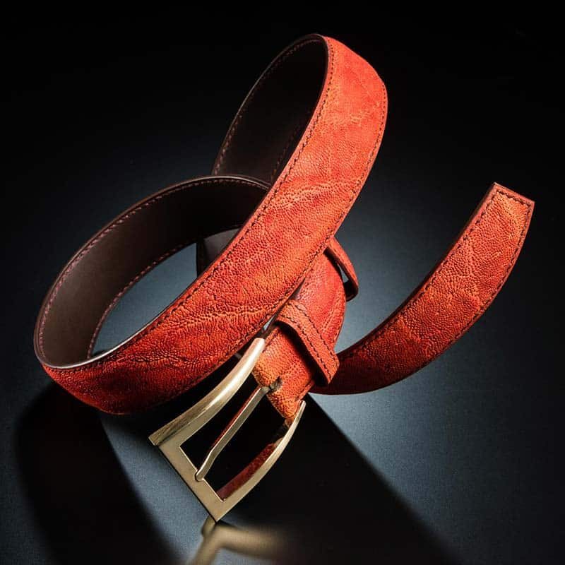 ceinture en éléphant oranger patinée, intérieur chocolat et boucle Delta 3