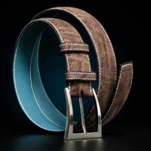 ceinture en éléphant taupe, intérieur bleu et boucle Delta 1