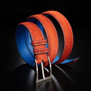 ceinture en poulain orange, intérieur indigo et boucle Delta 1