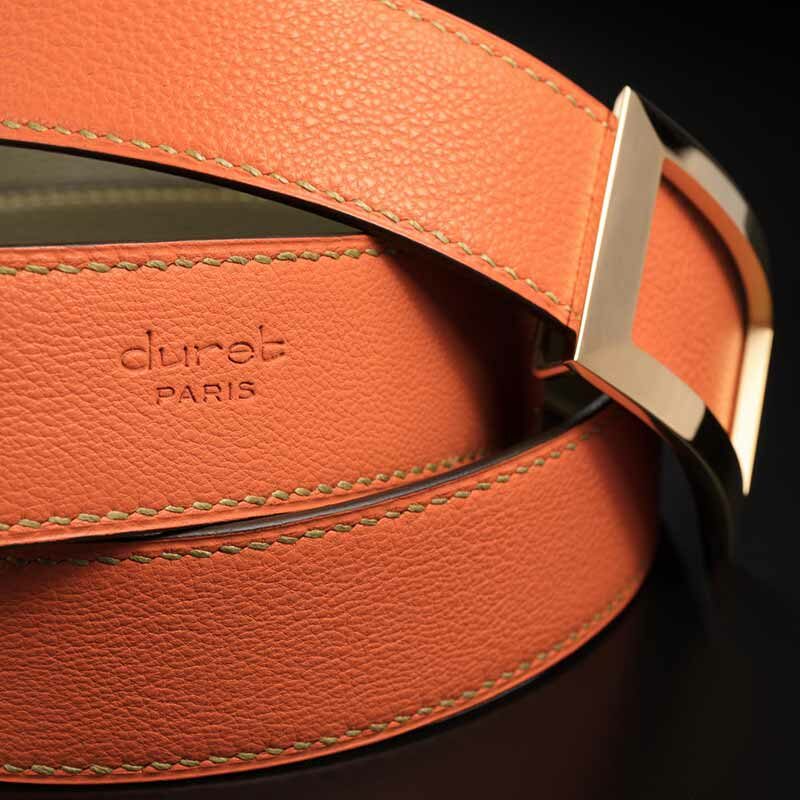 ceinture en veau grainé orange, intérieur vert et boucle Art-déco 2