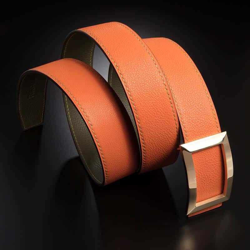 ceinture en veau grainé orange, intérieur vert et boucle Art-déco 3