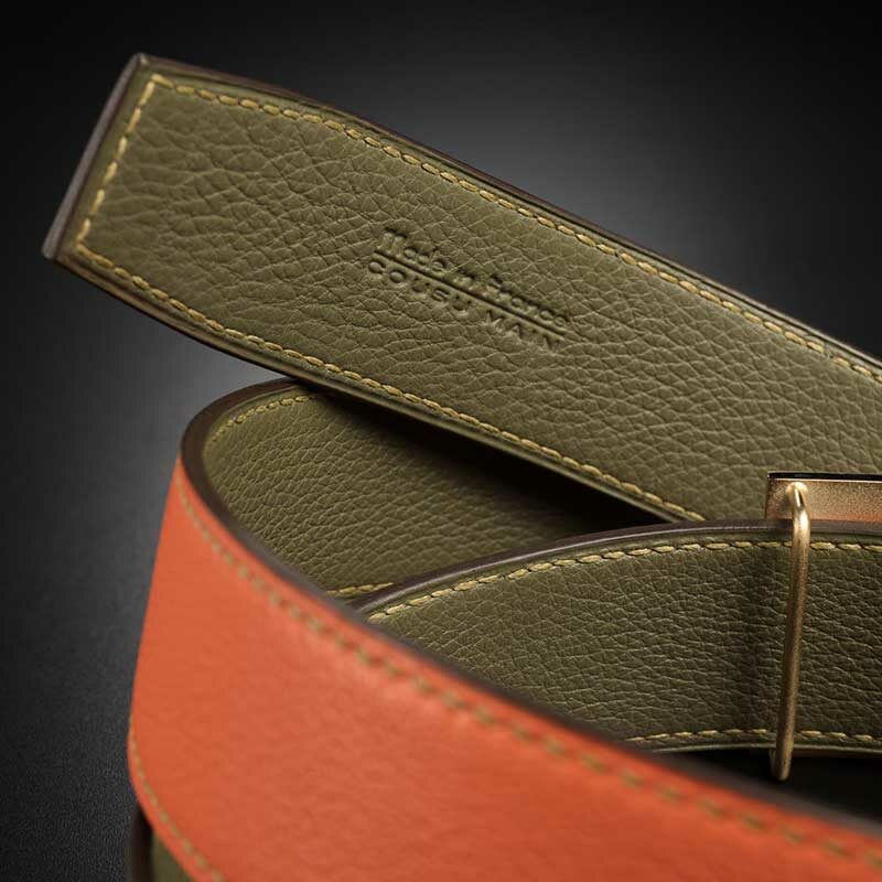 ceinture en veau grainé orange, intérieur vert et boucle Art-déco 4