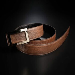 ceinture en veau gros grain marron, intérieur noir et boucle militaire 1