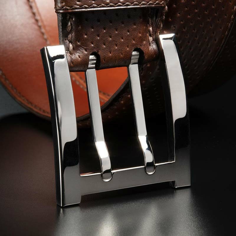 ceinture en veau perforé marron intérieur havane et boucle militaire 3