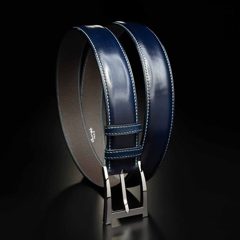 ceinture en veau végétal bleu patinée, intérieur taupe et boucle Alpha 1