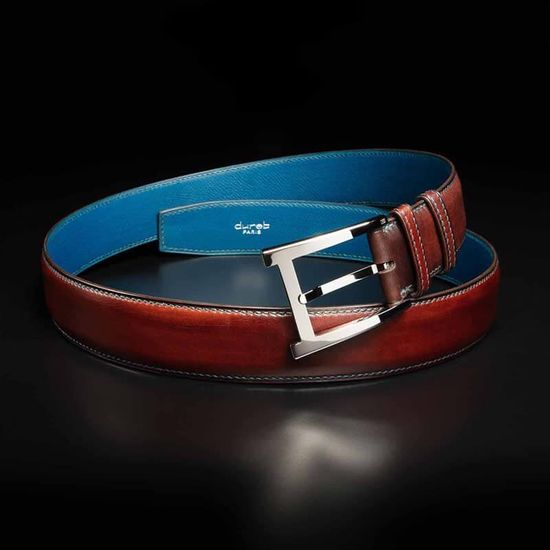 ceinture en veau végétal marron patinée intérieur pétrol et boucle Alpha 2