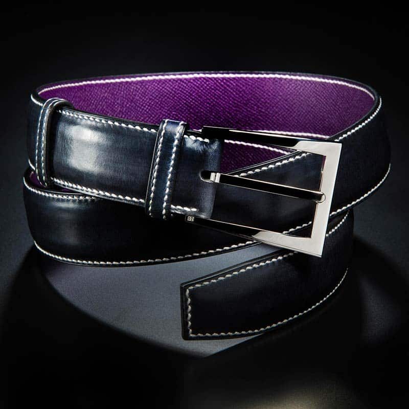 ceinture en veau végétal noir fumé, intérieur violet et boucle Square 4