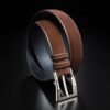 ceinture en veau velours chocolat, intérieur marine et boucle Delta 1