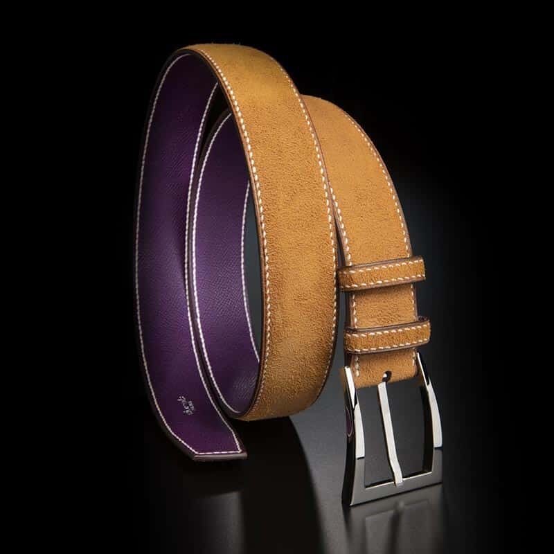 ceinture en veau velours gold, intérieur violine et boucle Delta 2